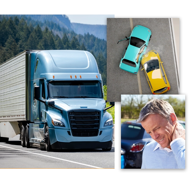 Composite image showing a commercial truck, a vehicle collision scene, and a person affected by an auto accident.