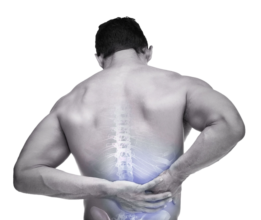 Upper body view highlighting lower back pain with a spine overlay, representing musculoskeletal discomfort treatment.